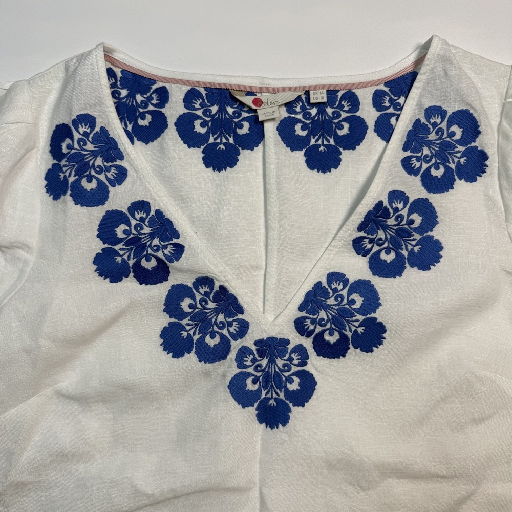 Boden Blouse Womens 10 White Blue Embroidered Linen Puff Sleeve Top Boho